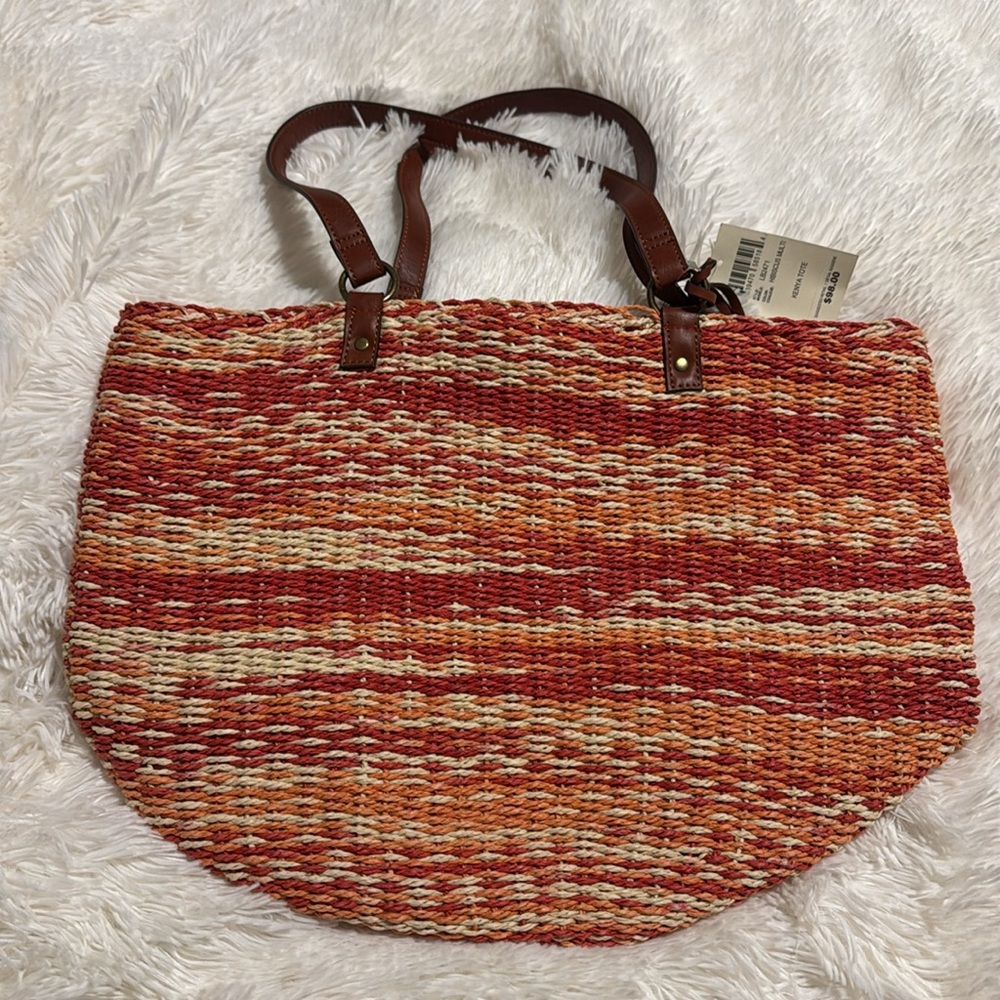 Lucky Brand ๐ Red, Orange, & Tan Woven Straw Tote Bag w/ Brown Handles Nโฆ - Picture 4 of 16